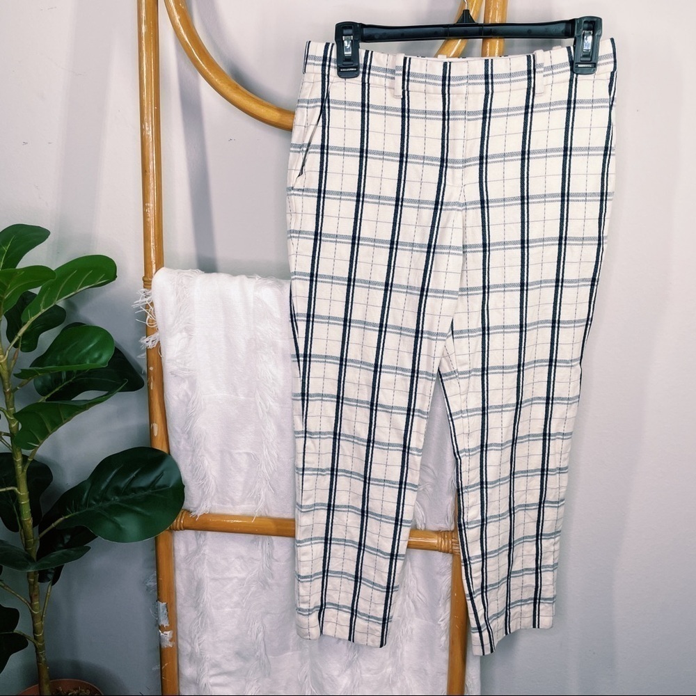 Theory Wool Cropped Plaid Cream and Navy Pants sz 0